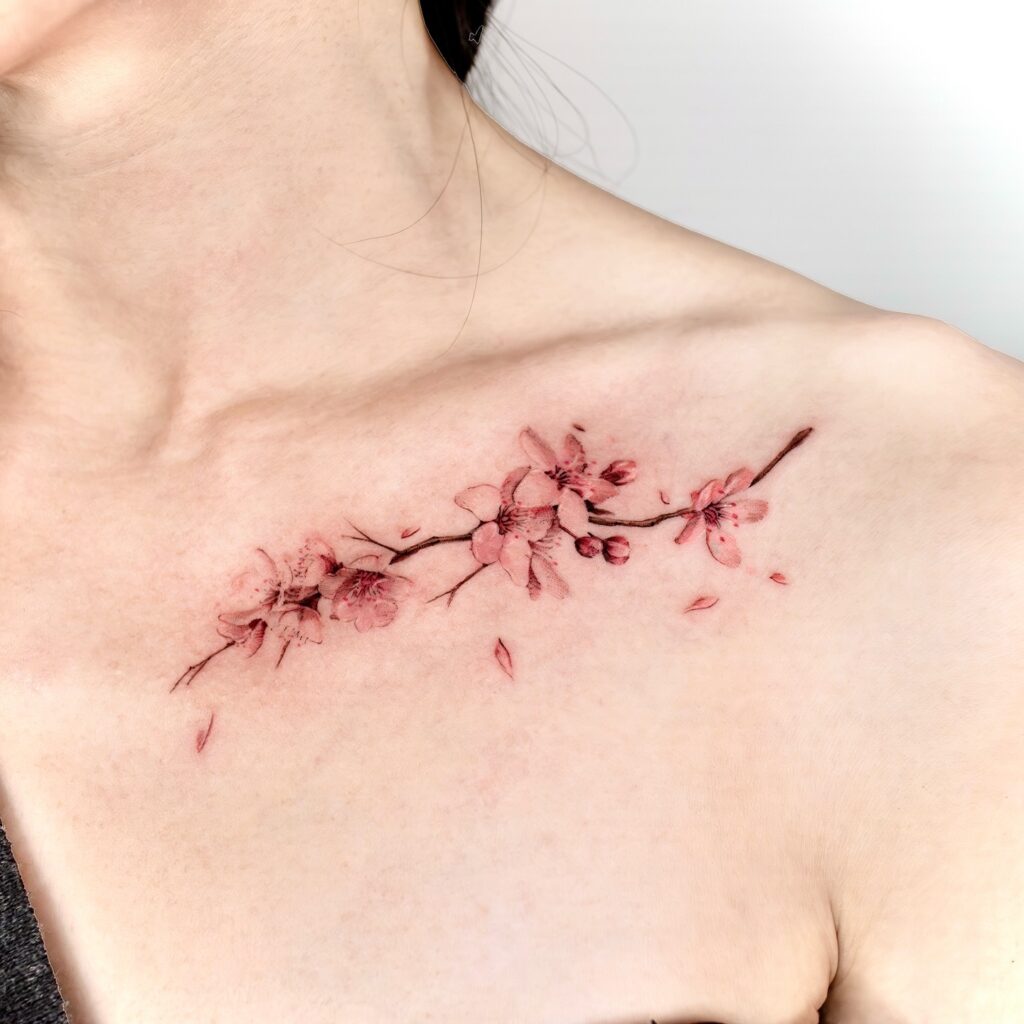 Falling Petals Cherry Blossom Collarbone Tattoo cherry blossom tattoo ideas tattoo
