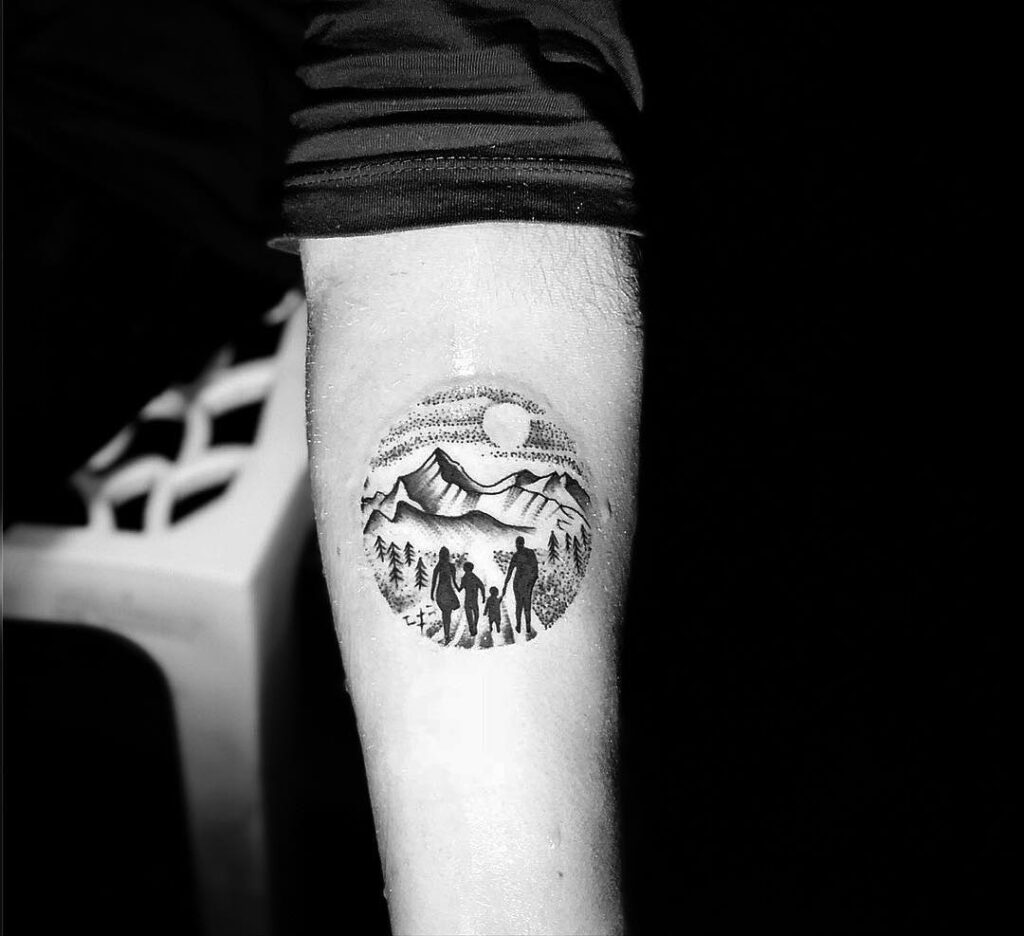 Family Backpackers on High Alpine Ridge nature scene tattoo