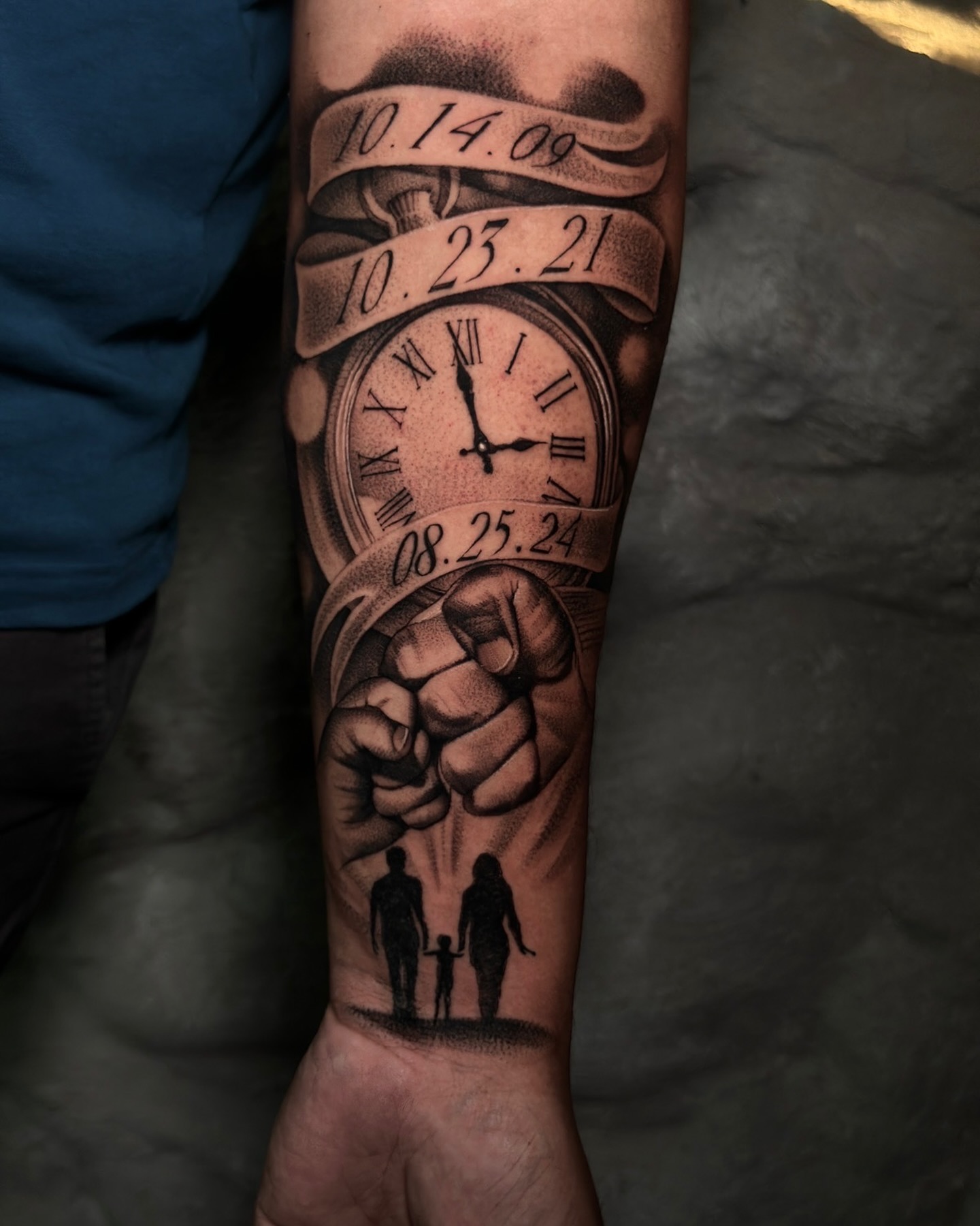 Birth Clock Tattoo With Rose and Name Banner birth clock tattoos tattoo