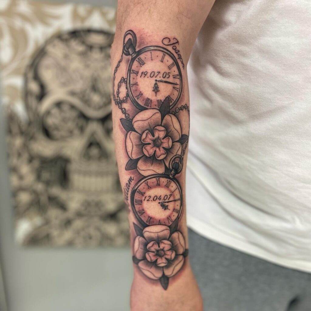 Colorful Pocket Watch Tattoo with Bible Verse pocket watch tattoos tattoo