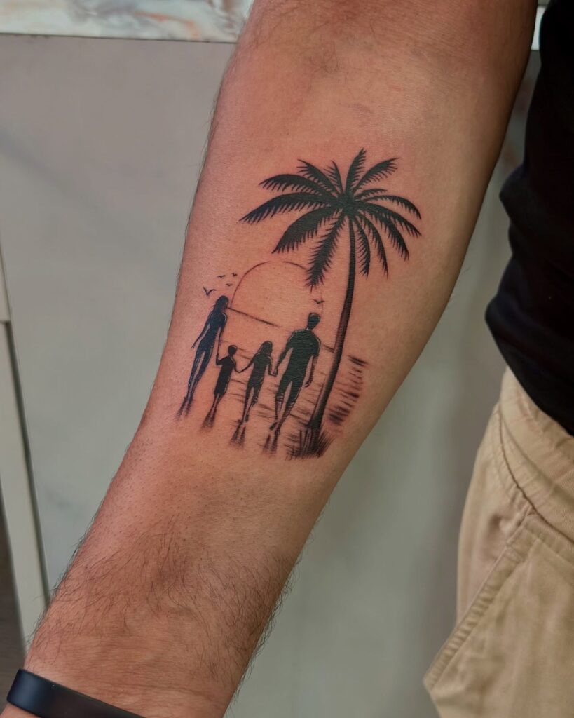 Family Silhouette Tattoo with Sunset and Palm Tree family tattoos for men tattoo