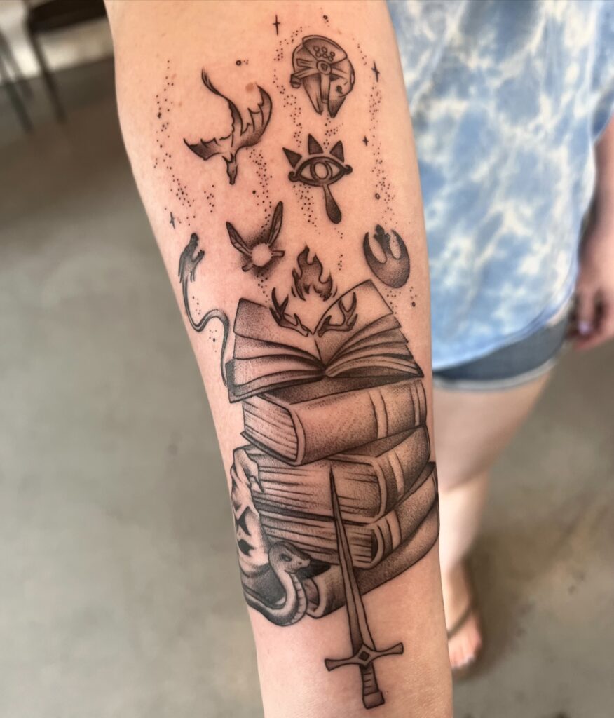 Floral Fantasy Book Stack Tattoo book lover tattoos tattoo