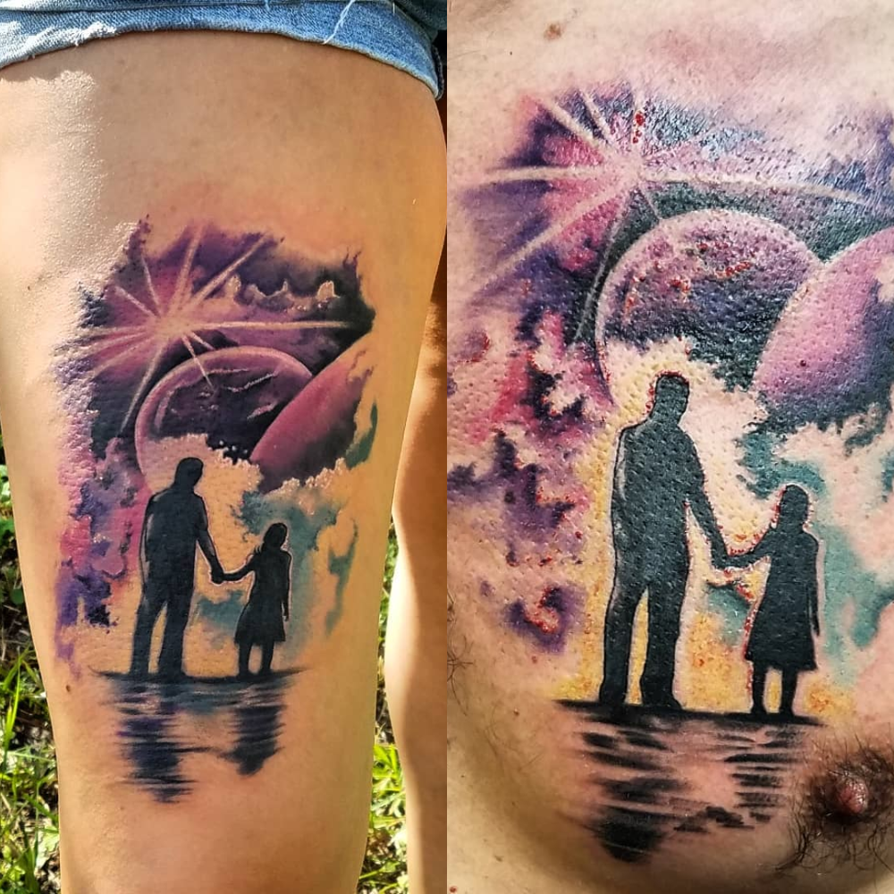 Father and Daughter Cosmic Journey Tattoo father daughter tattoos tattoo