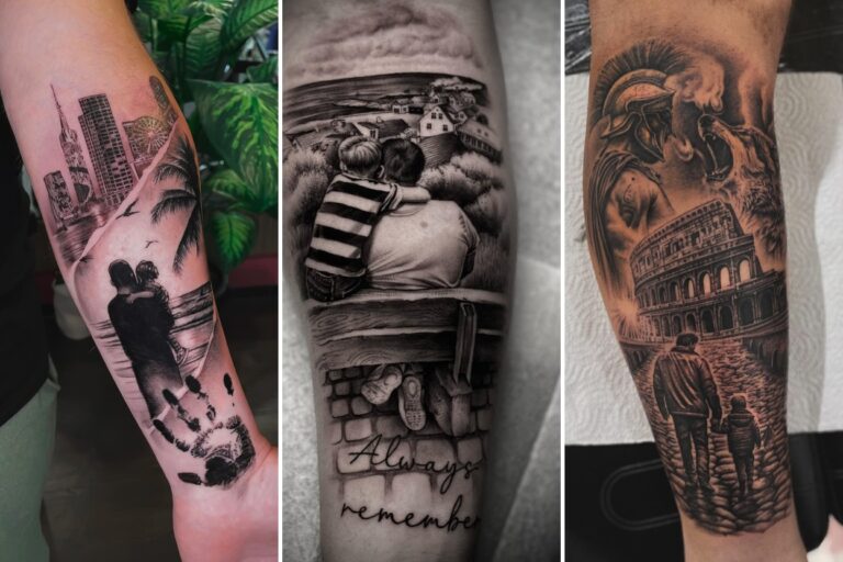 Aesthetic father and son tattoos and delicate ink ideas collage