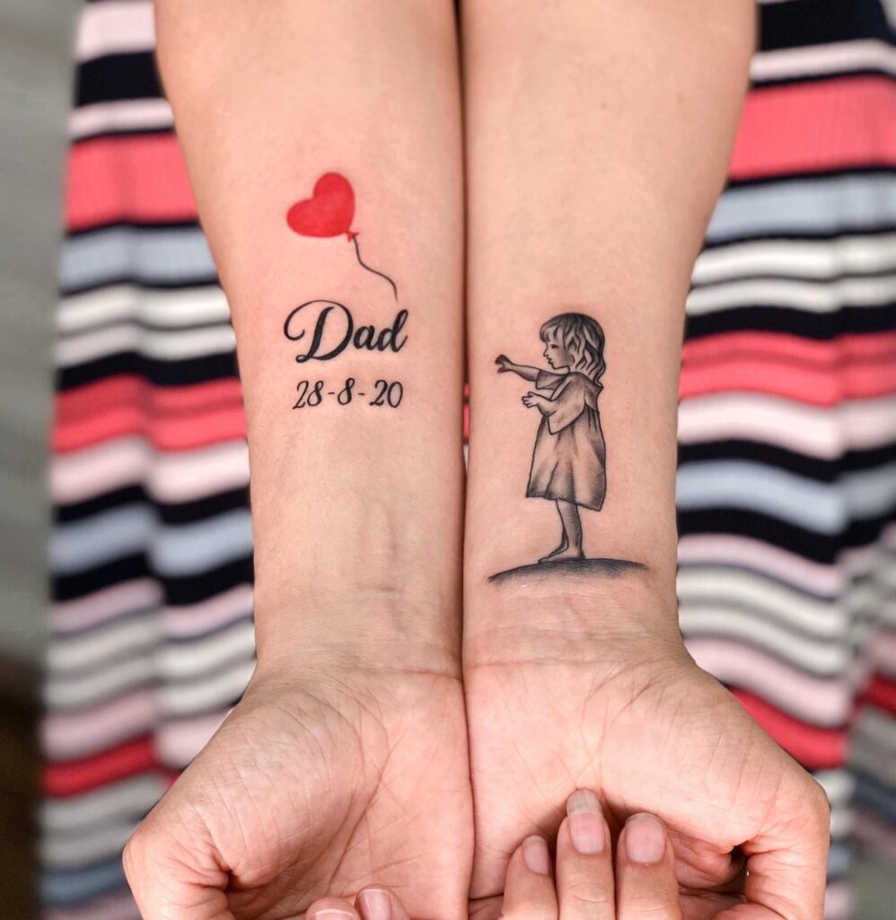 Father-Daughter Memory Tattoo with Heart Balloon and Date dad tattoo ideas tattoo