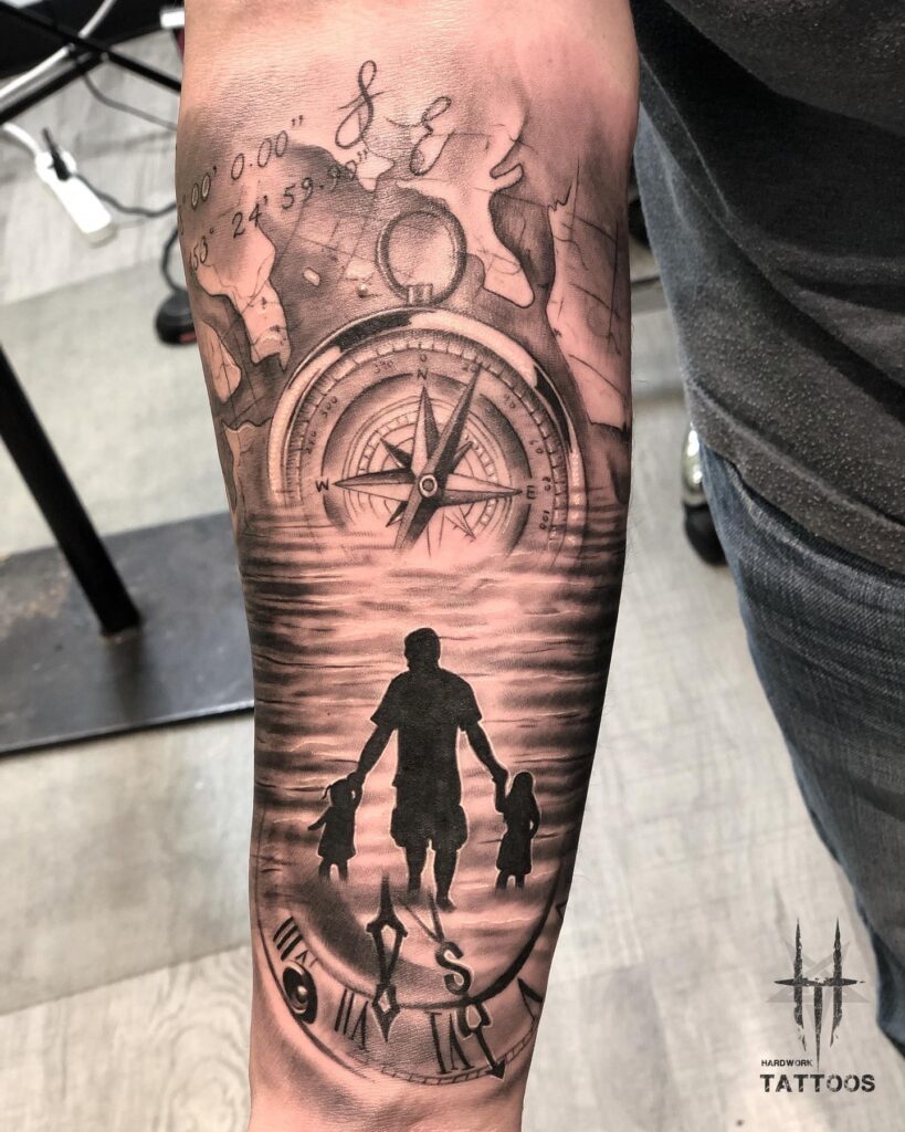 Father Daughters Silhouette with Compass father daughter tattoos tattoo