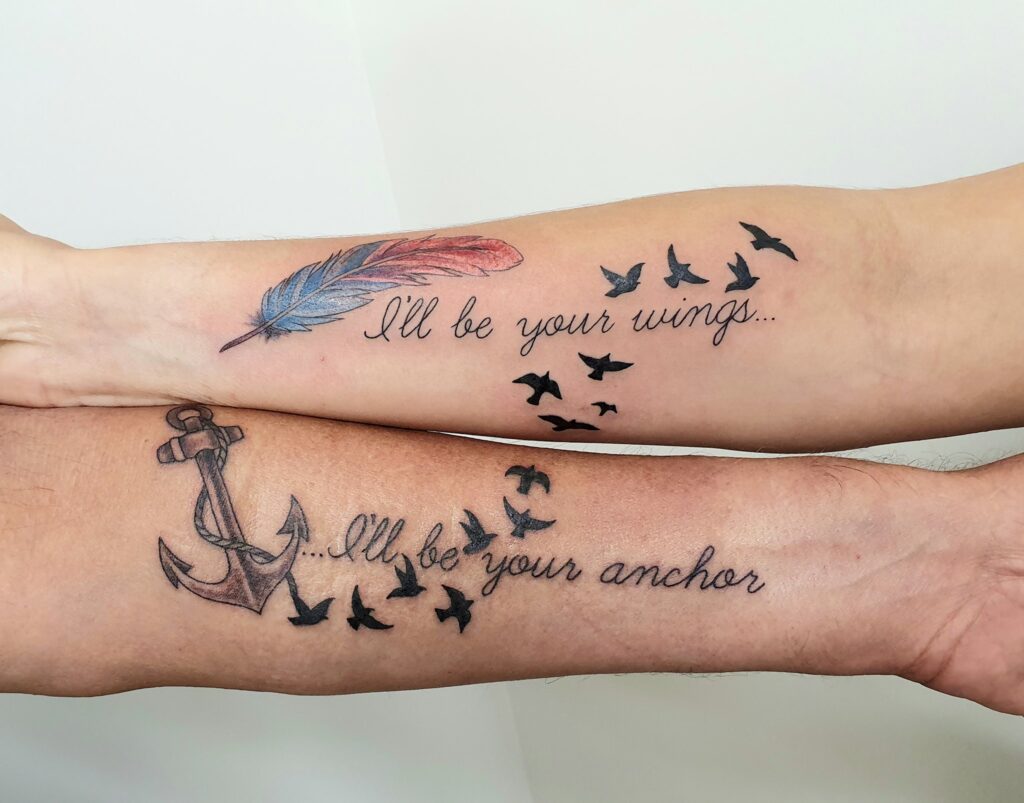 Feather and Anchor Matching Tattoos father daughter tattoos tattoo