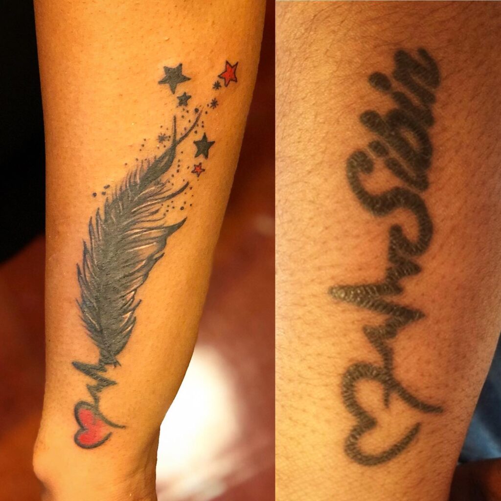 Bold Red Rose Name Cover-Up Tattoo On Foot
