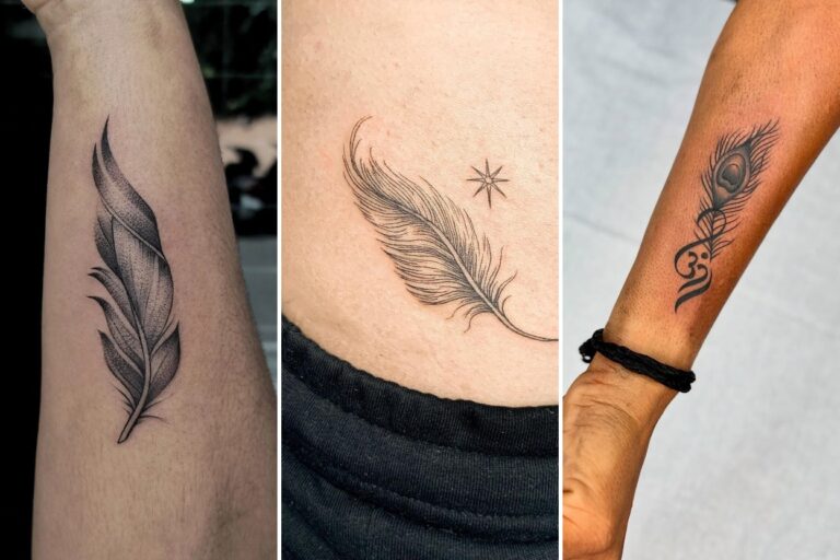 Aesthetic feather tattoos and delicate ink ideas collage