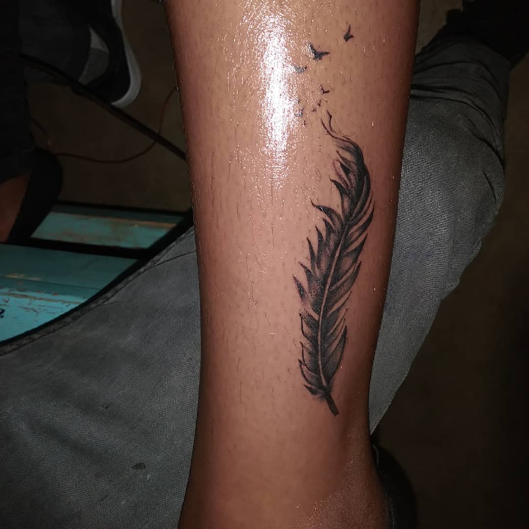 Feather With Flying Birds Tattoo