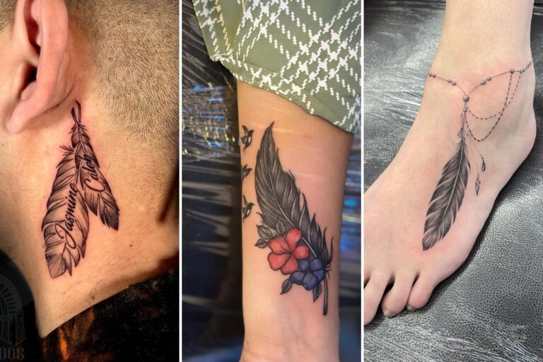 Aesthetic feather tattoos ideas and delicate ink ideas collage