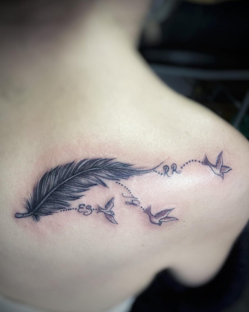 Feather with Flying Birds and Initials Tattoo mommy tattoo ideas tattoo