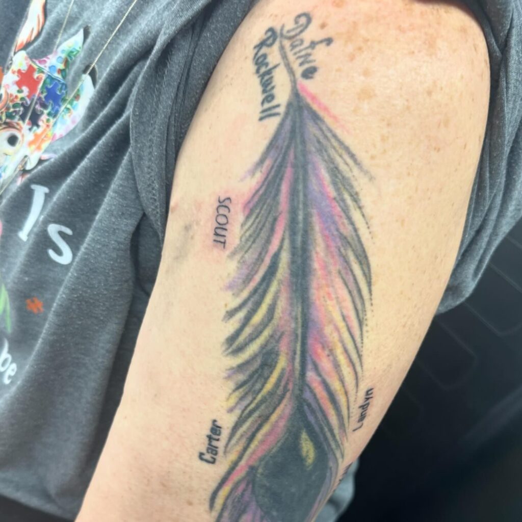 Feather with Names grandchildren tattoos for grandparents tattoo