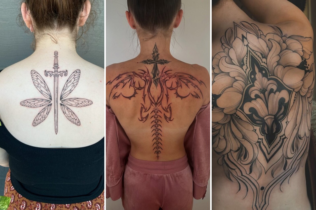 Aesthetic feminine back tattoos and delicate ink ideas collage