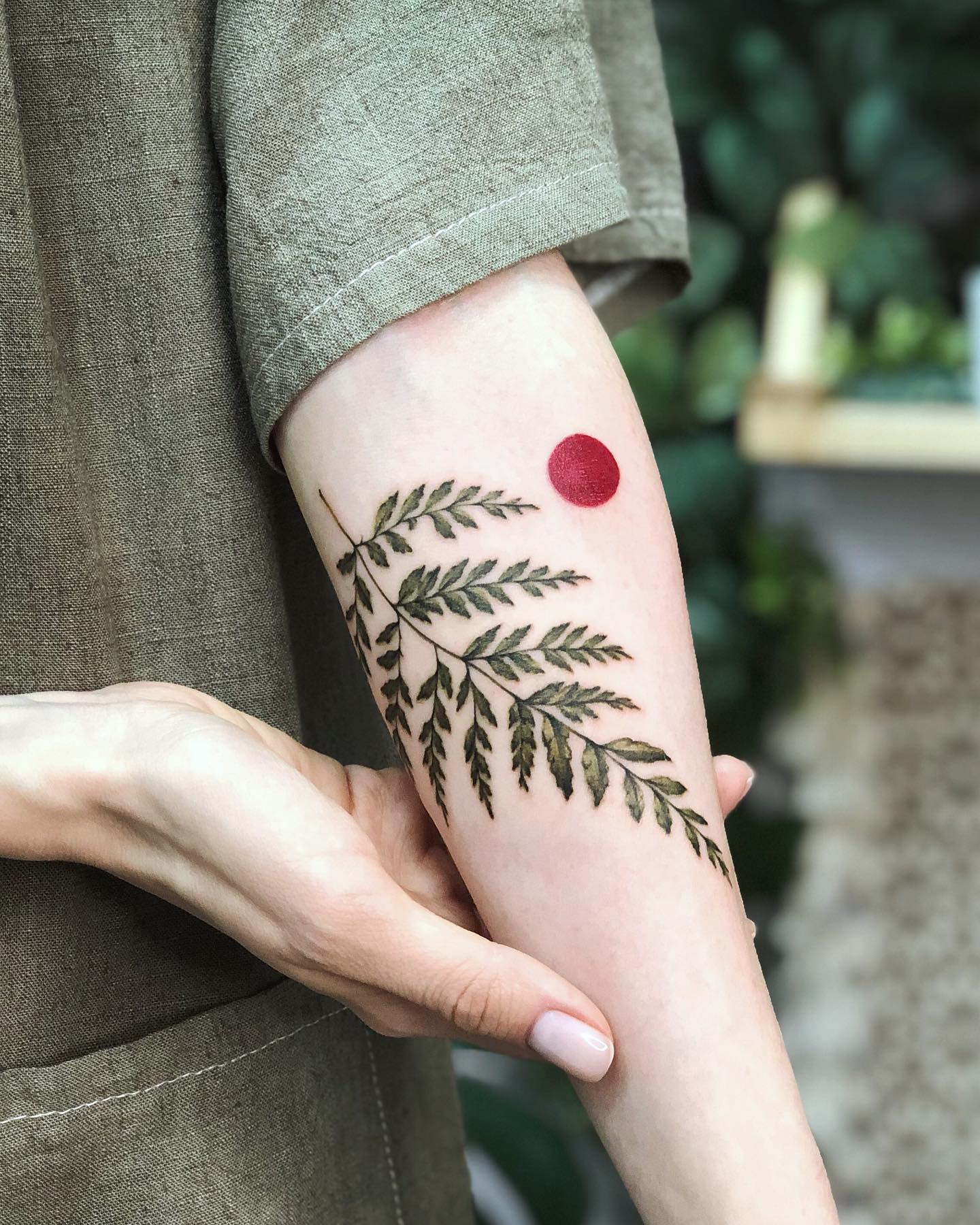 Fern Frond And Red Sun Tattoo