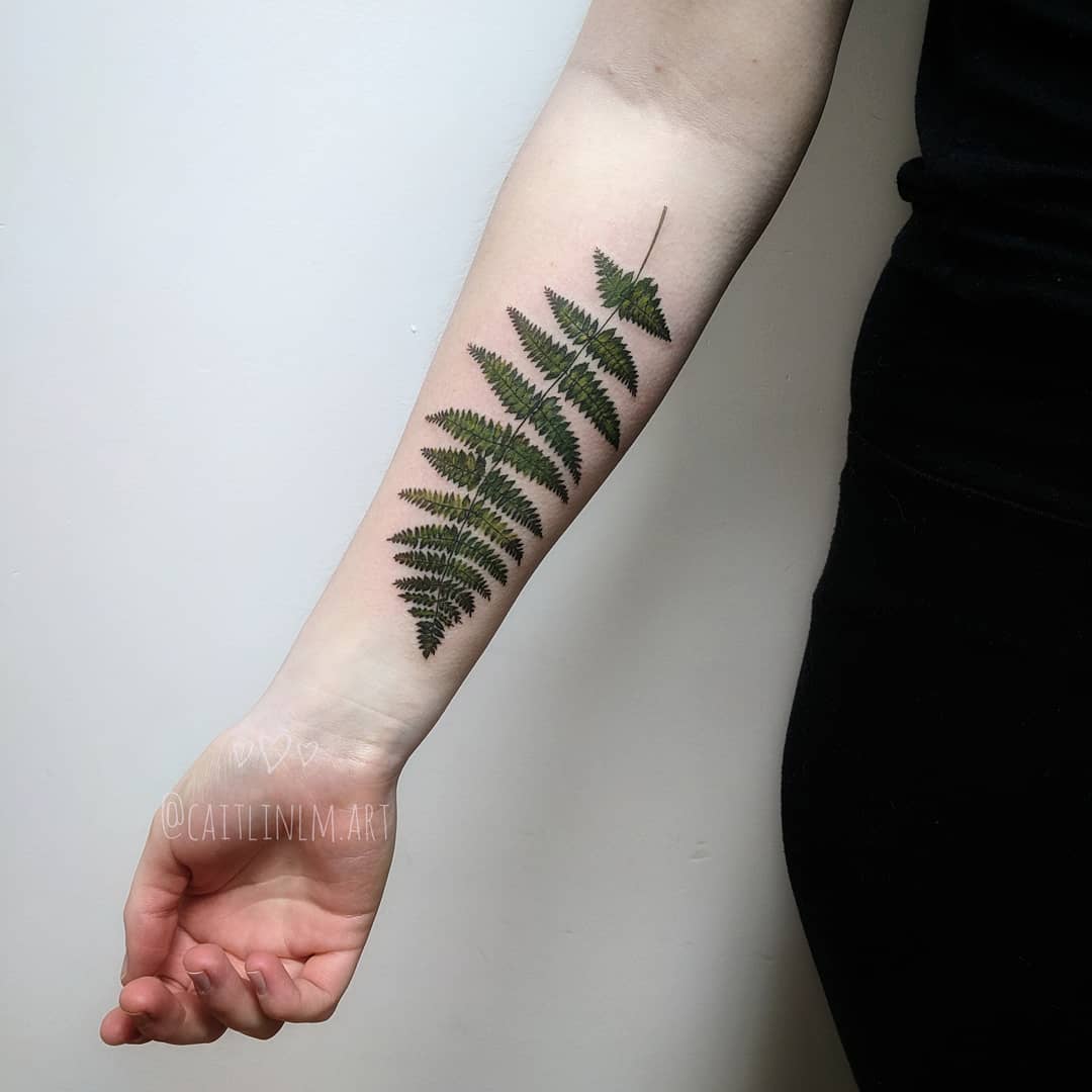 Realistic Fern Leaf Forearm Tattoo