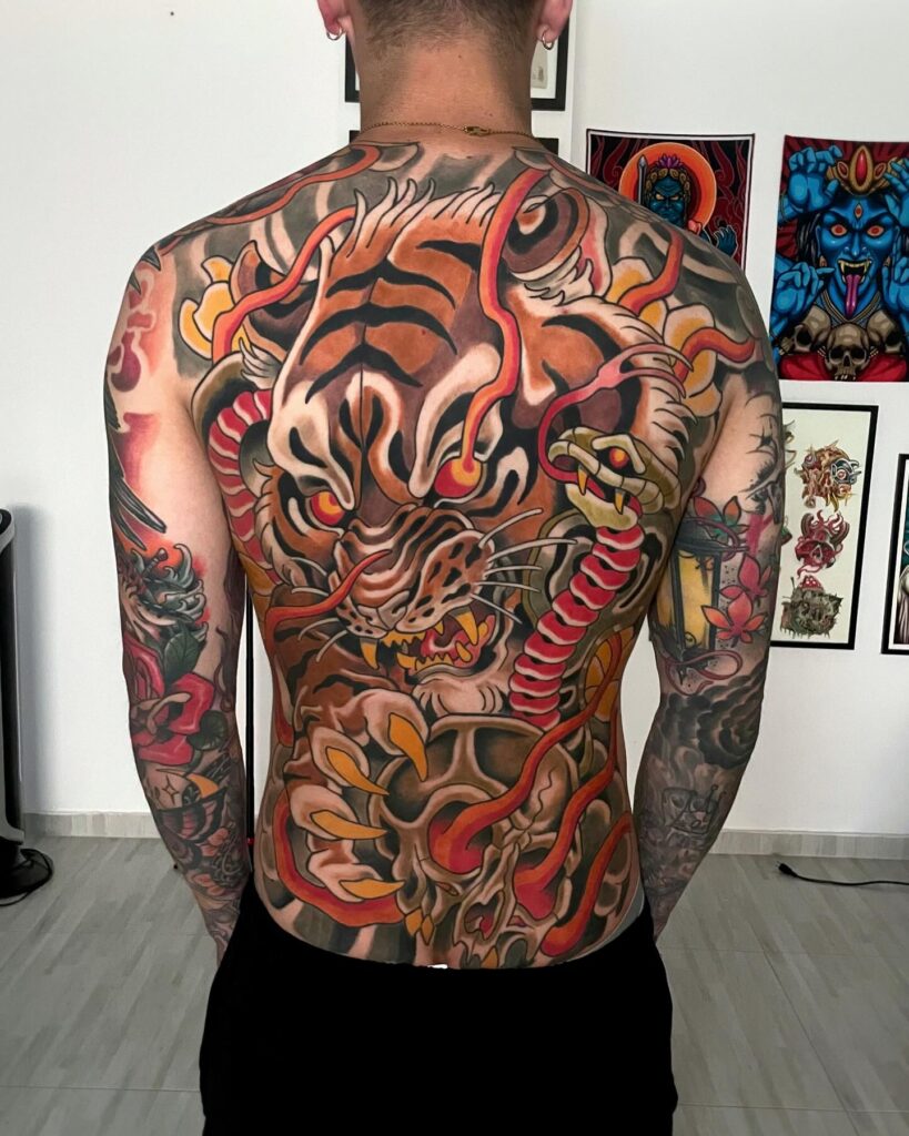 Ferocious Tiger and Serpent Back Tattoo back tattoos for guys tattoo
