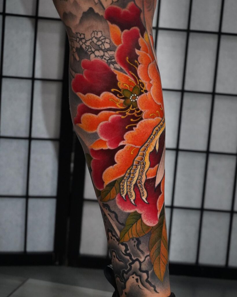 Fierce Peony and Dragon Claw Tattoo japanese peony tattoos tattoo