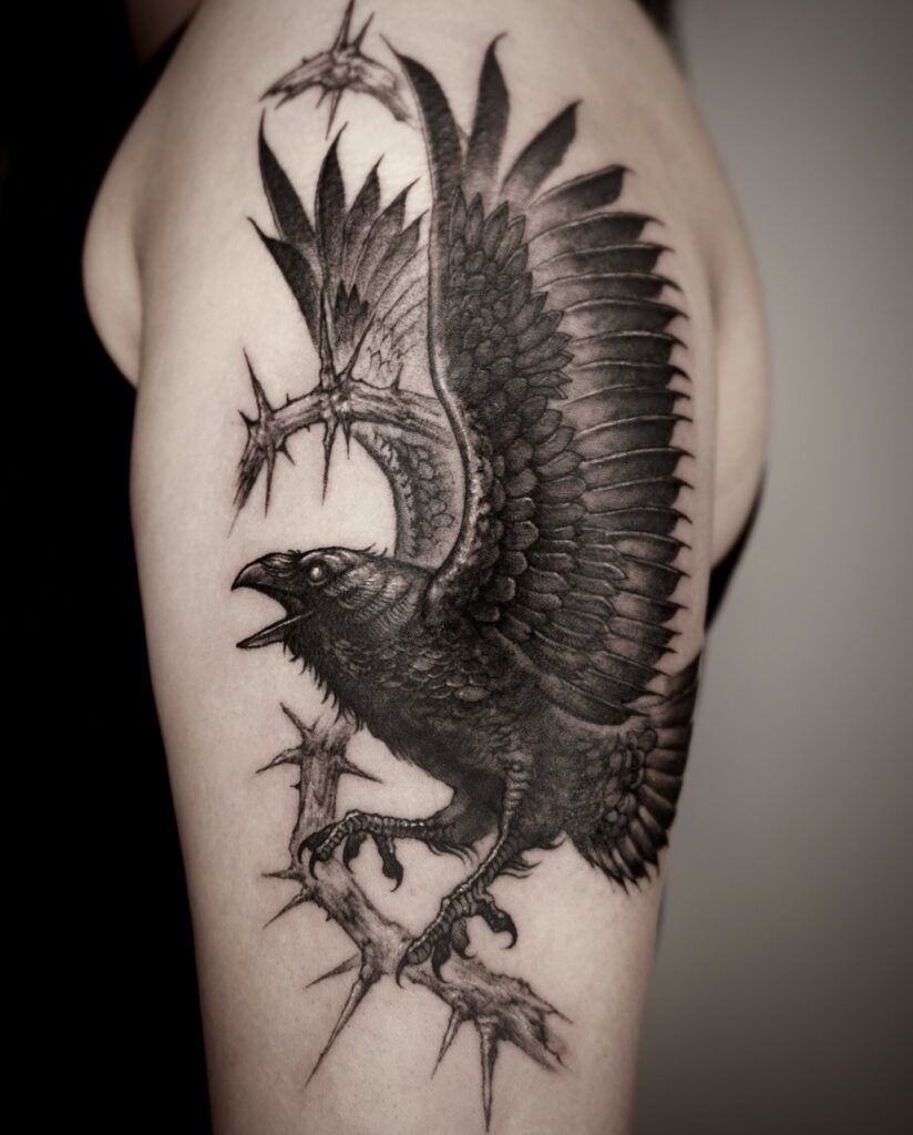 Traditional Raven And Skull Tattoo