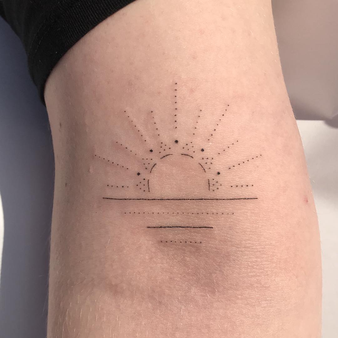 Fine Dotwork Sunrise over Gentle Hills sunrise tattoo