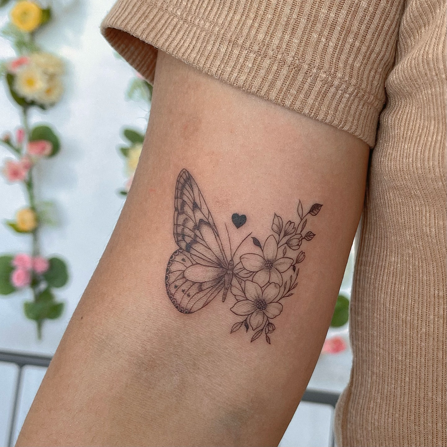 Fine Line Butterfly Flower Arm Tattoo butterfly tattoos designs tattoo