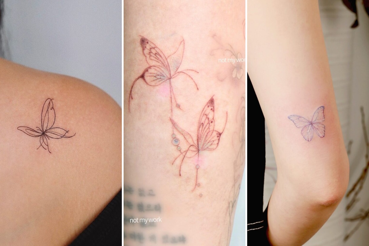 Aesthetic fine line butterfly tattoo designs and delicate ink ideas collage