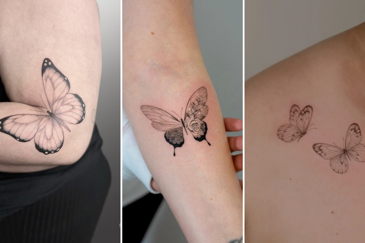 Aesthetic fine line butterfly tattoo designs and delicate ink ideas collage