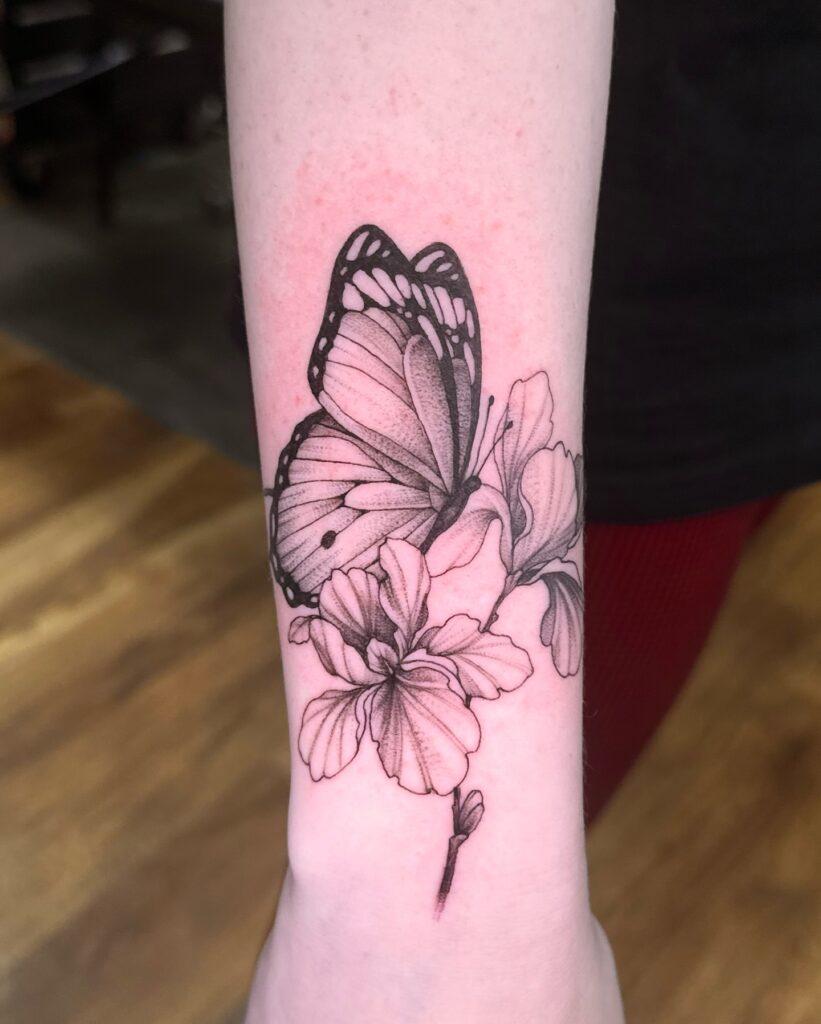 Fine Line Butterfly with Script Body butterfly tattoo