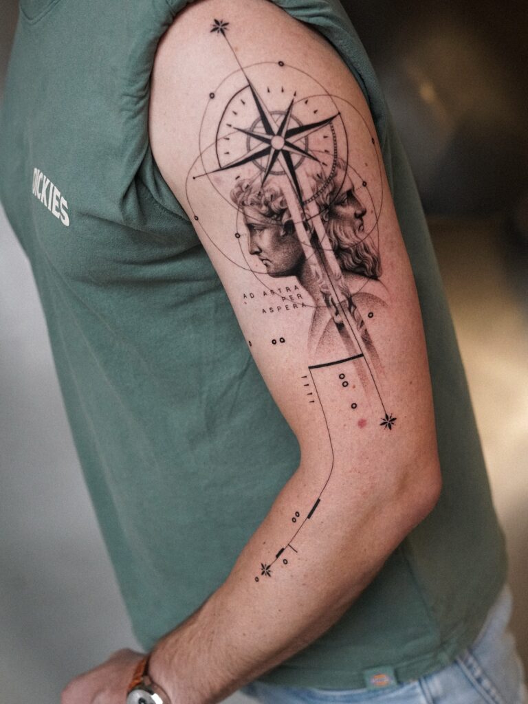 Fine Line Constellation with Compass Star fine line tattoo