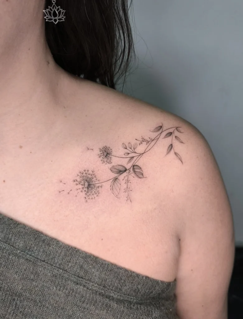 Fine Line Dandelion and Leaves Tattoo on Collarbone fine line tattoos for women tattoo