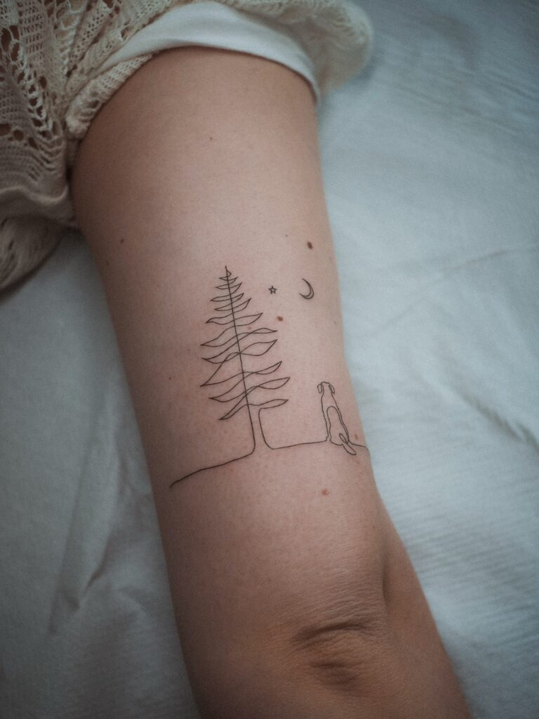 Fine Line Dog and Tree Tattoo with Moon and Star fine line tattoos for women tattoo