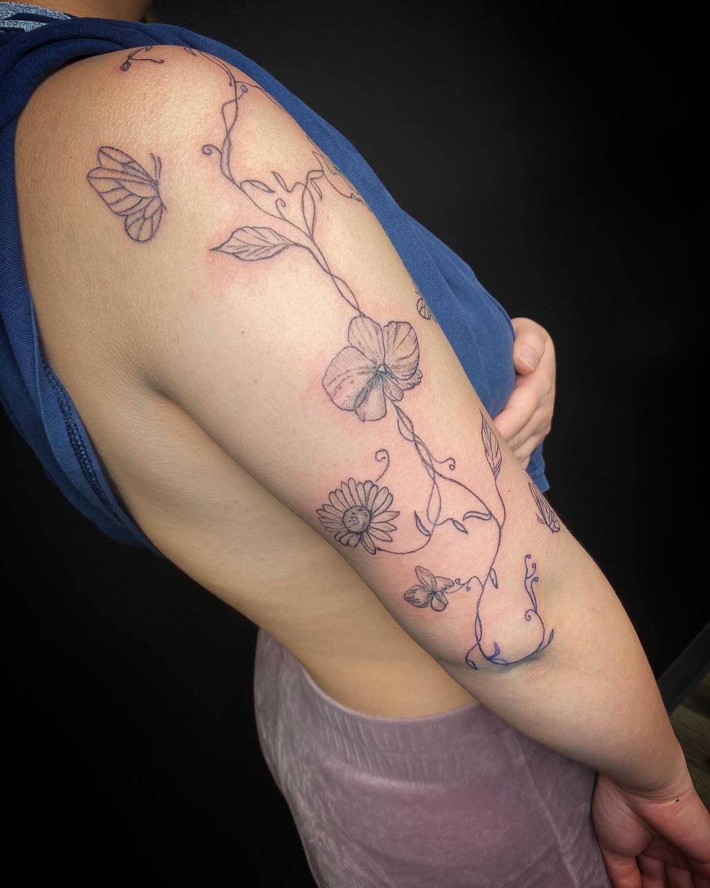 Fine Line Floral Vine Sleeve Tattoo