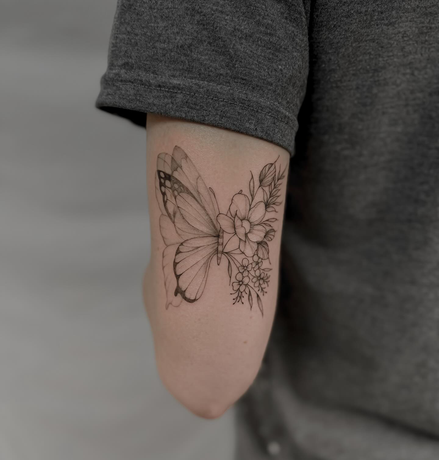 Fine Line Half Butterfly Half Flower Tattoo half butterfly half flower tattoos tattoo
