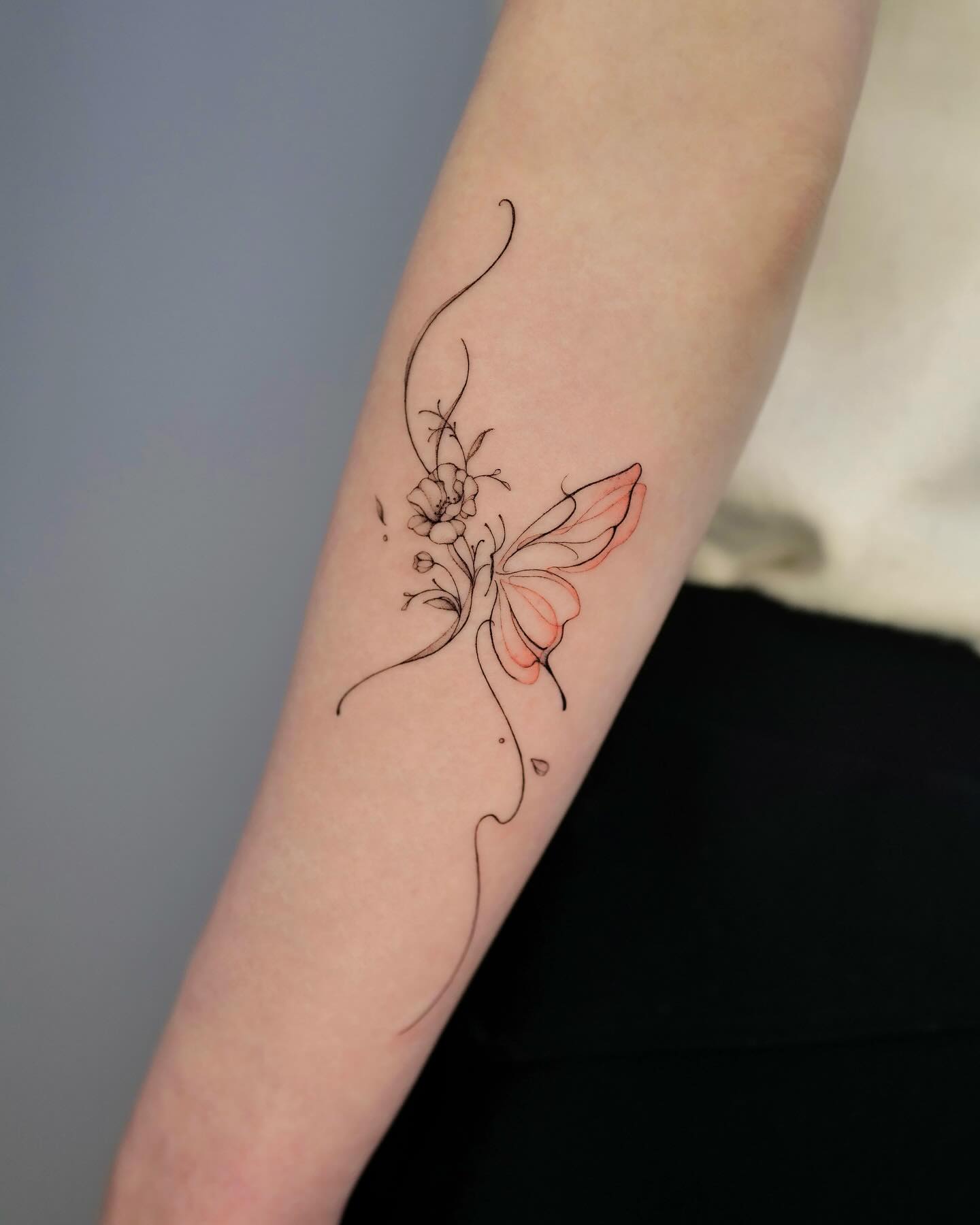Fine Line Half Butterfly Half Flower Bouquet Tattoo half butterfly half flower tattoos tattoo
