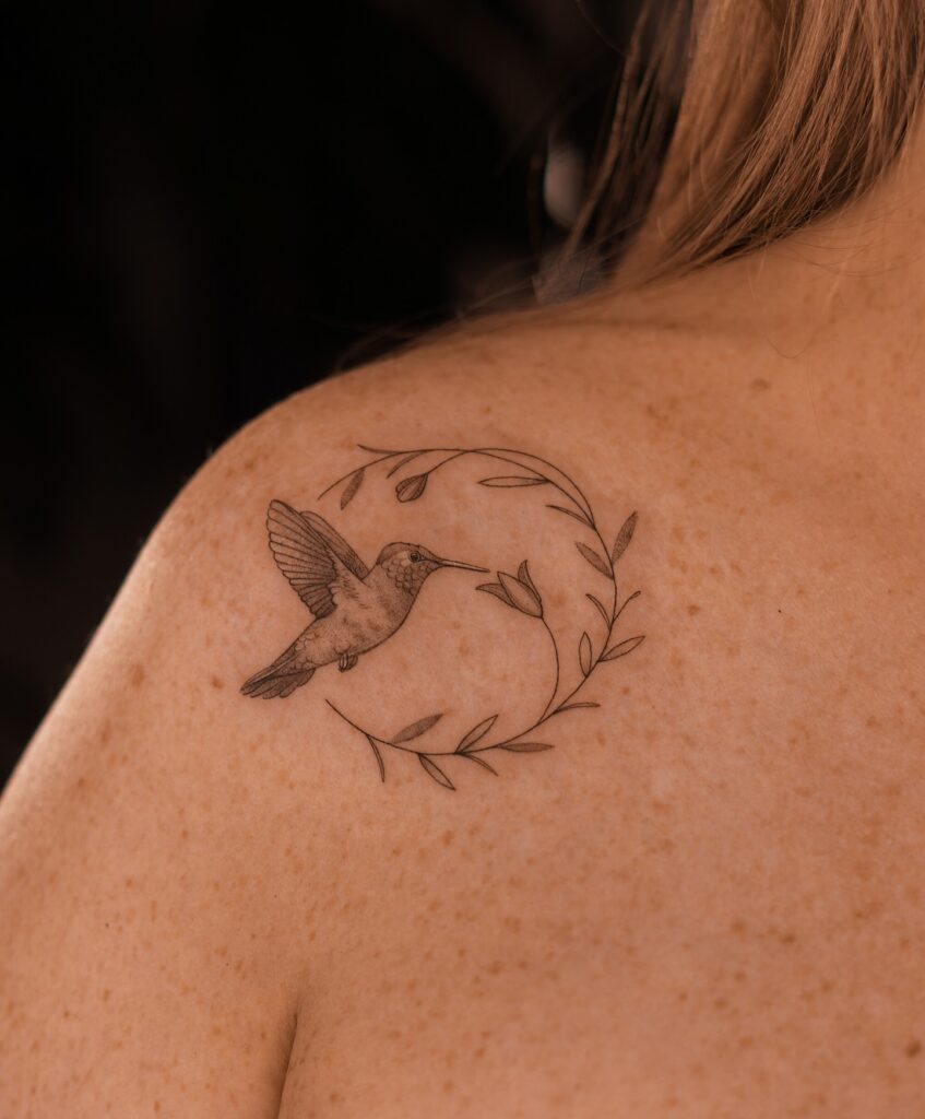 Fine Line Hummingbird with Leaves on Shoulder fine line tattoos for women tattoo