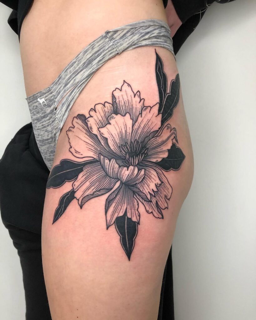 Fine Line Japanese Peony Thigh Tattoo japanese peony tattoos tattoo
