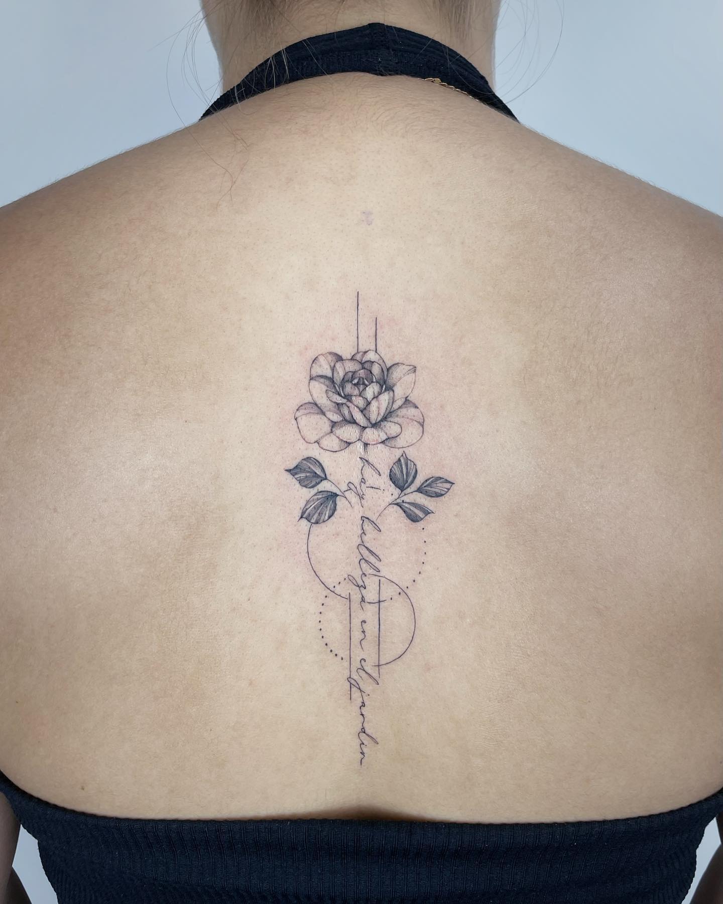 Fine Line Peony and Script Spine Tattoo peony tattoos ideas tattoo