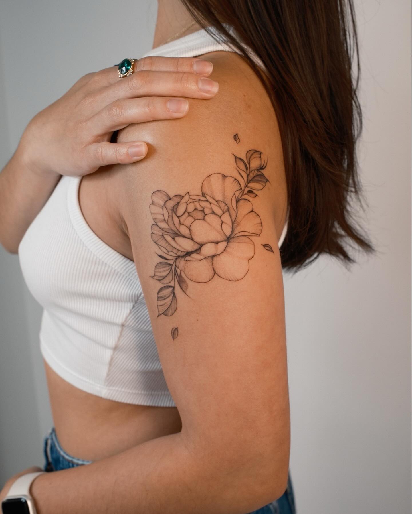 Fine Line Upper Arm Peony Tattoo peony tattoos ideas tattoo