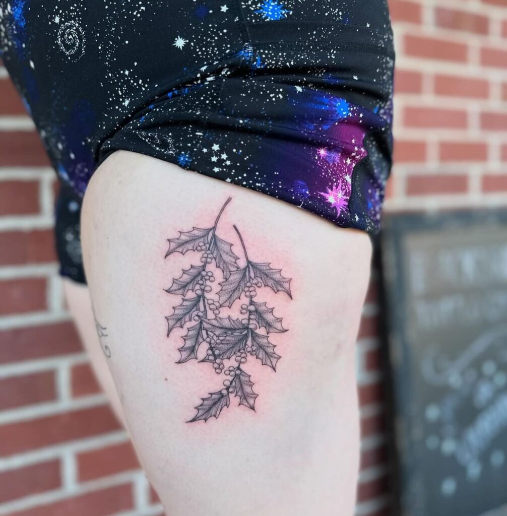 Fineline Holly Branch Tattoo on Thigh december birth flower tattoo ideas tattoo