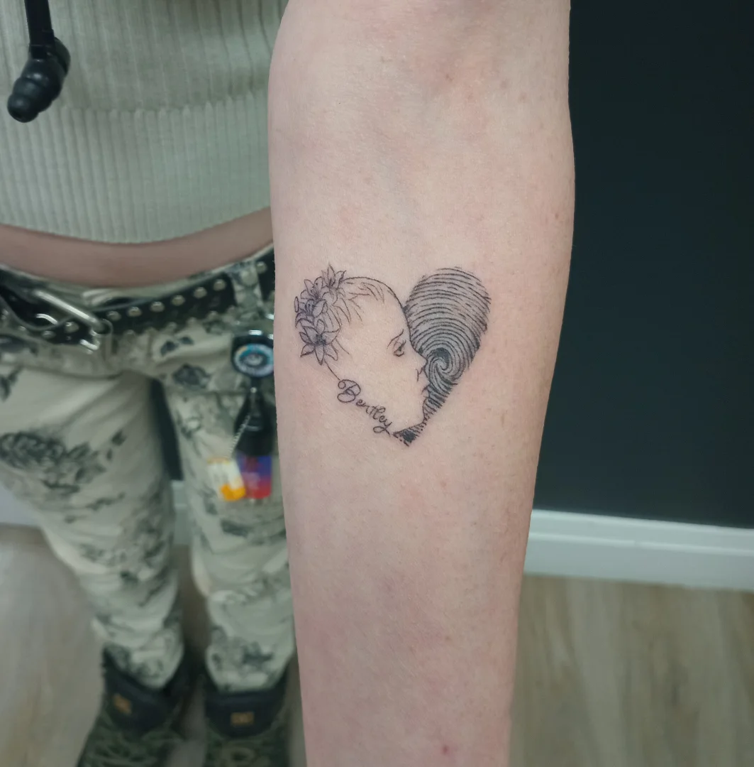 Baby Portrait And Fingerprint Heart Tattoo