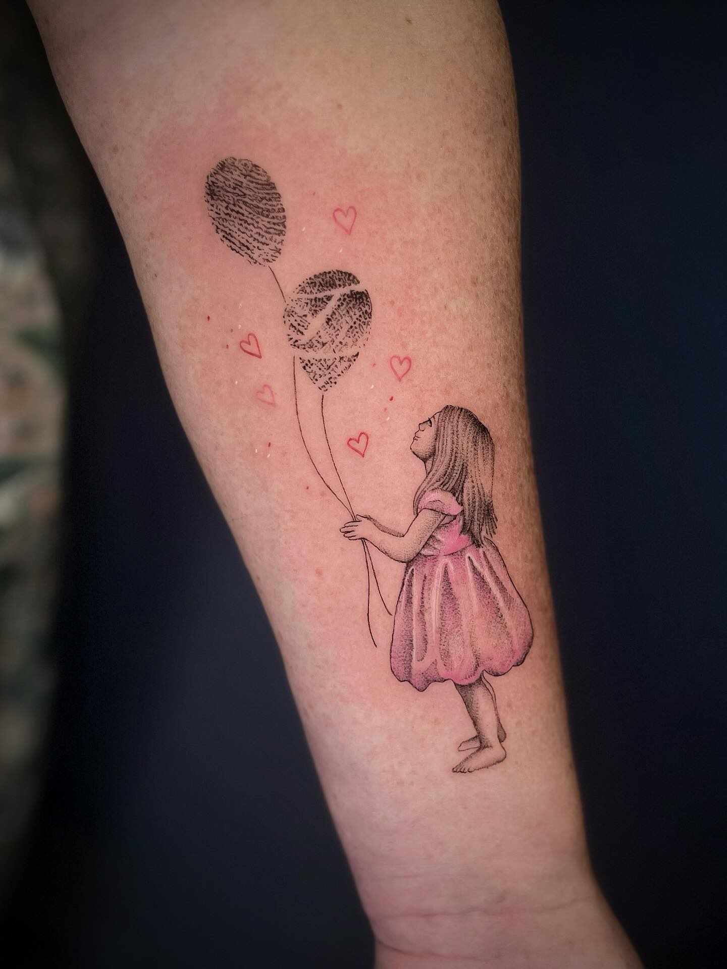 Little Girl With Fingerprint Balloons Tattoo