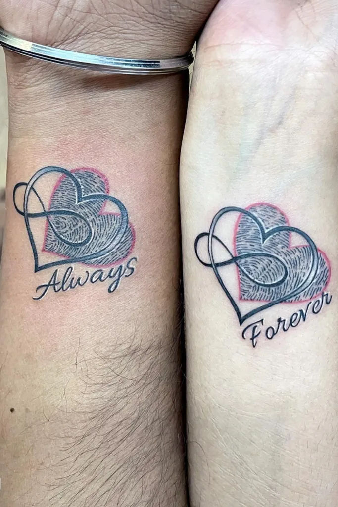 Matching Fingerprint Heart Tattoos with Infinity Symbol fingerprint tattoos tattoo