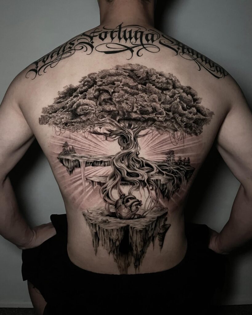 Floating Tree of Life Back Tattoo with Anatomical Heart back tattoos for guys tattoo