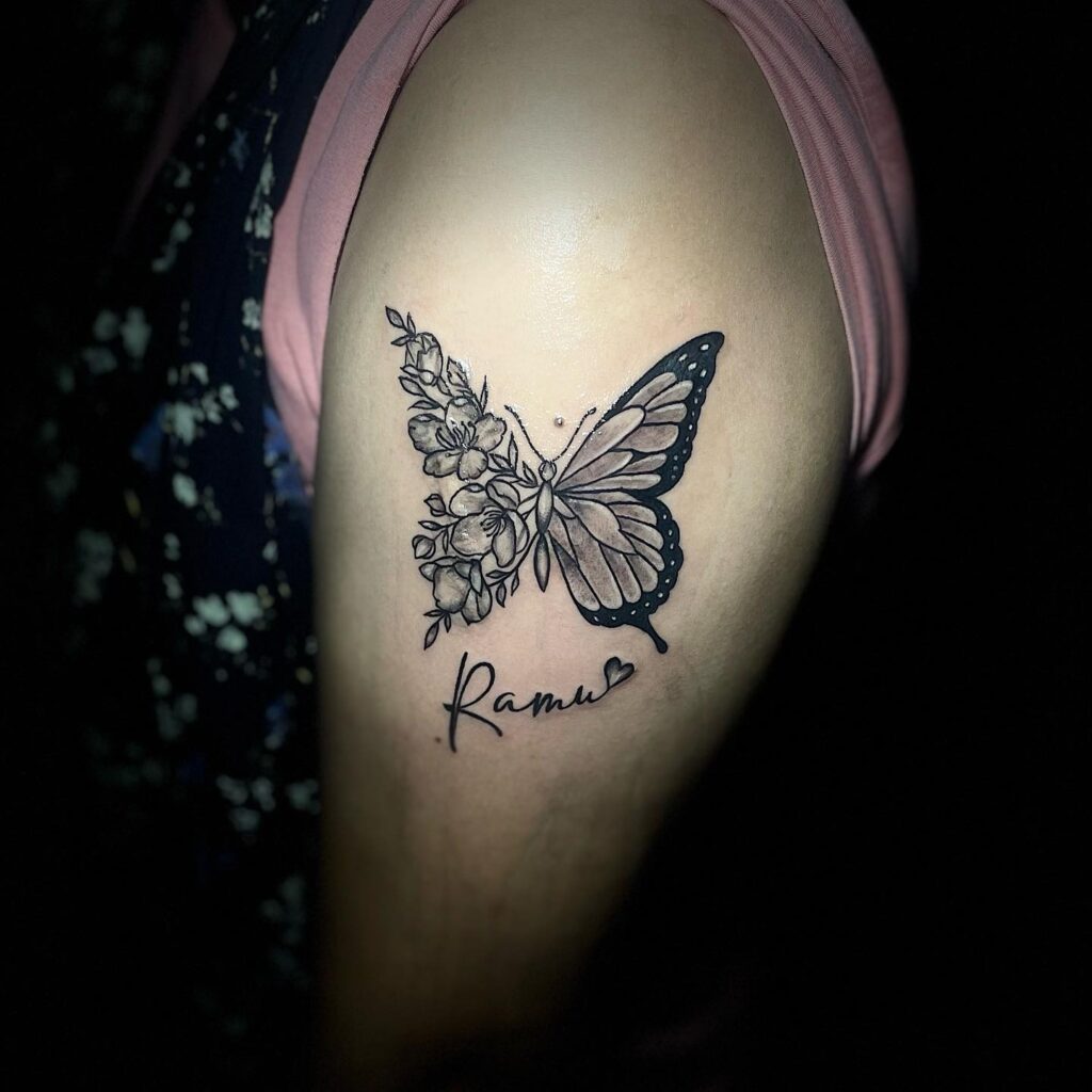 Floral Butterfly Name Tattoo