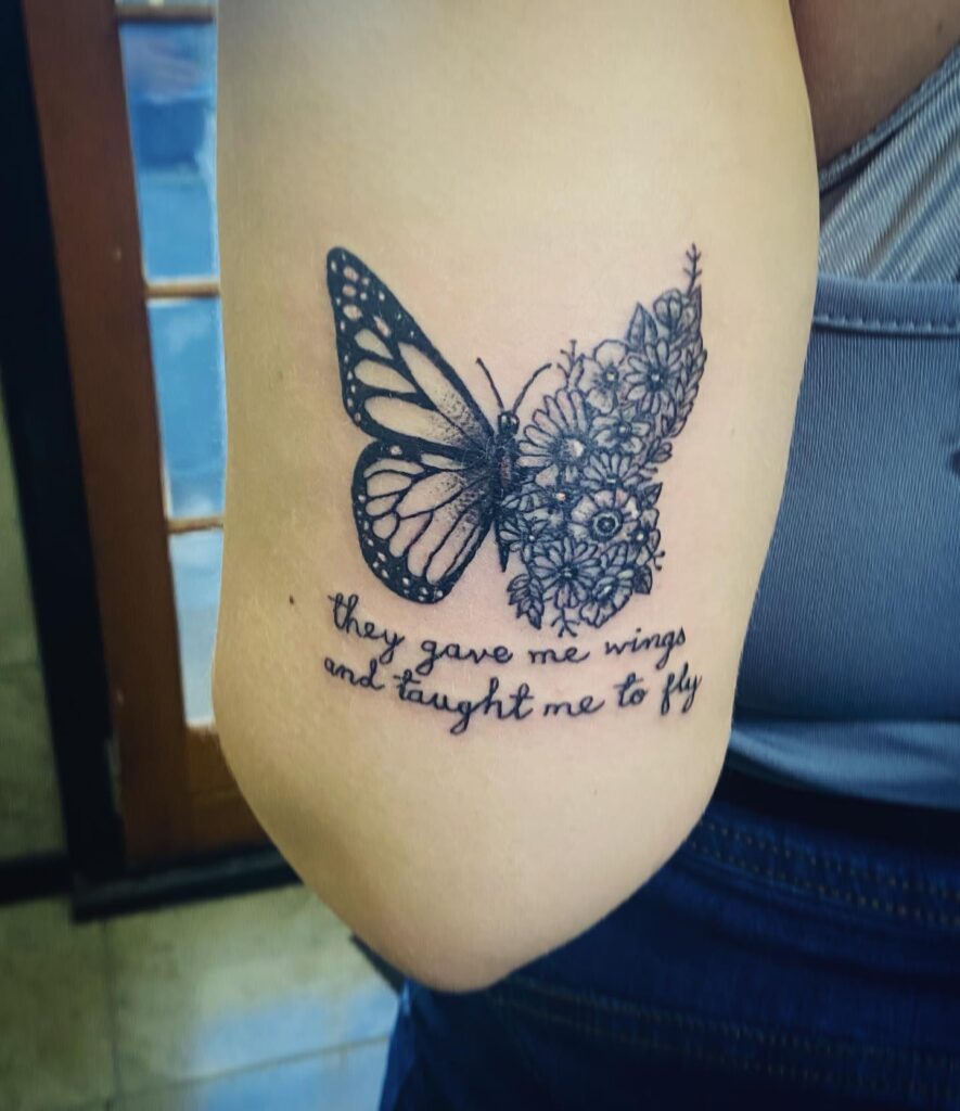 Floral Butterfly Tribute Tattoo with Quote half butterfly half flower tattoos tattoo