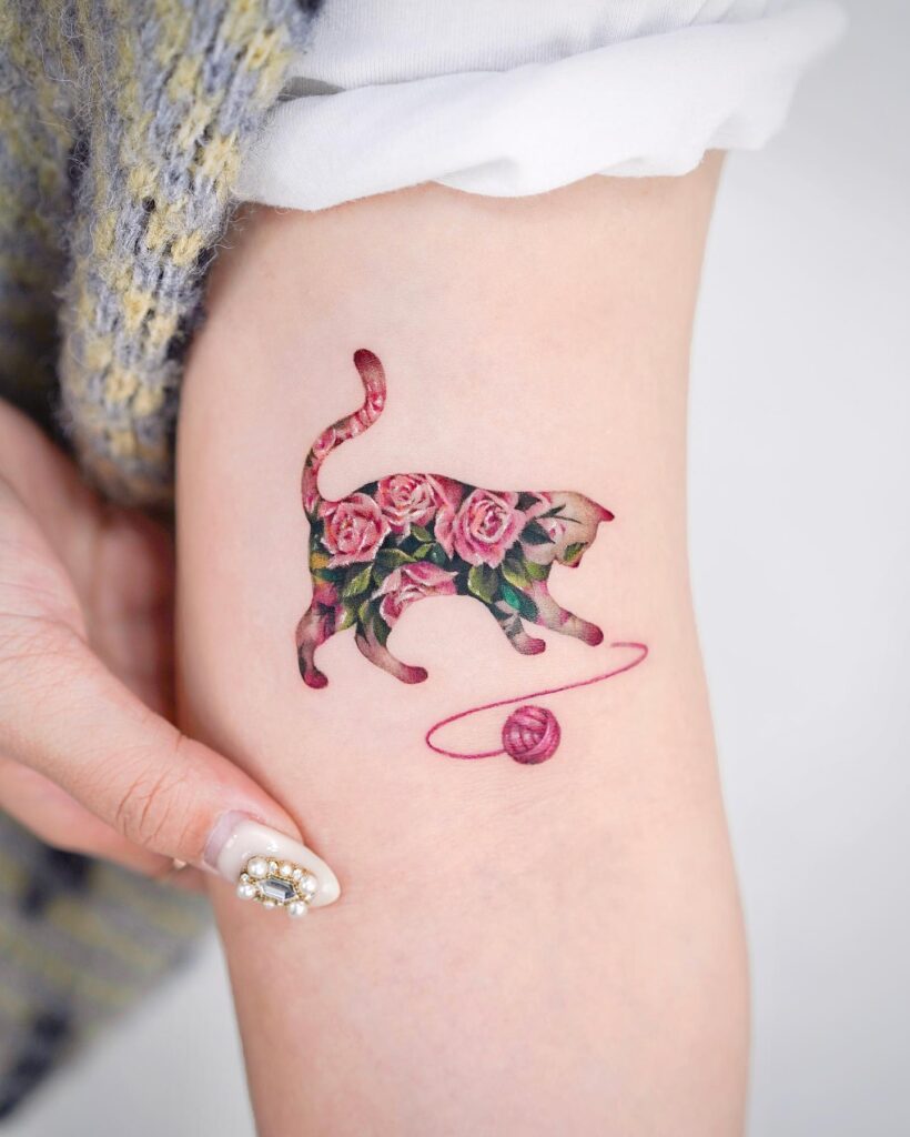 Floral Cat and Yarn Tattoo small cat tattoos tattoo