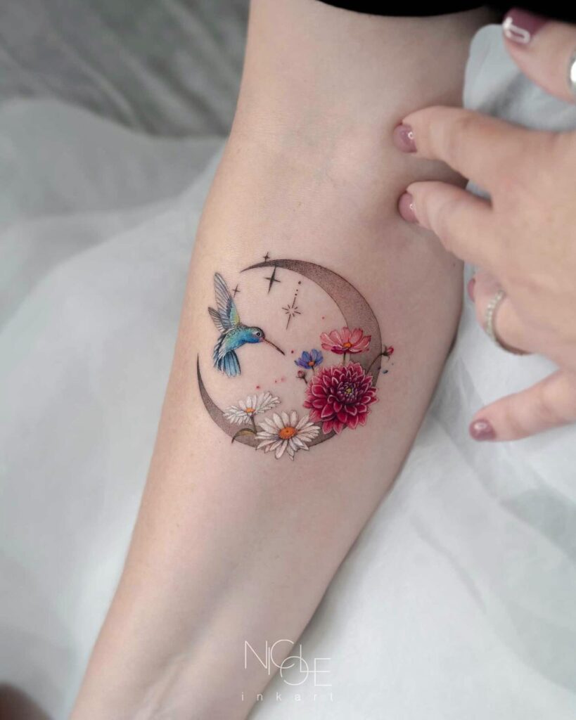 Floral Crescent Moon and Hummingbird Tattoo hummingbird tattoos tattoo