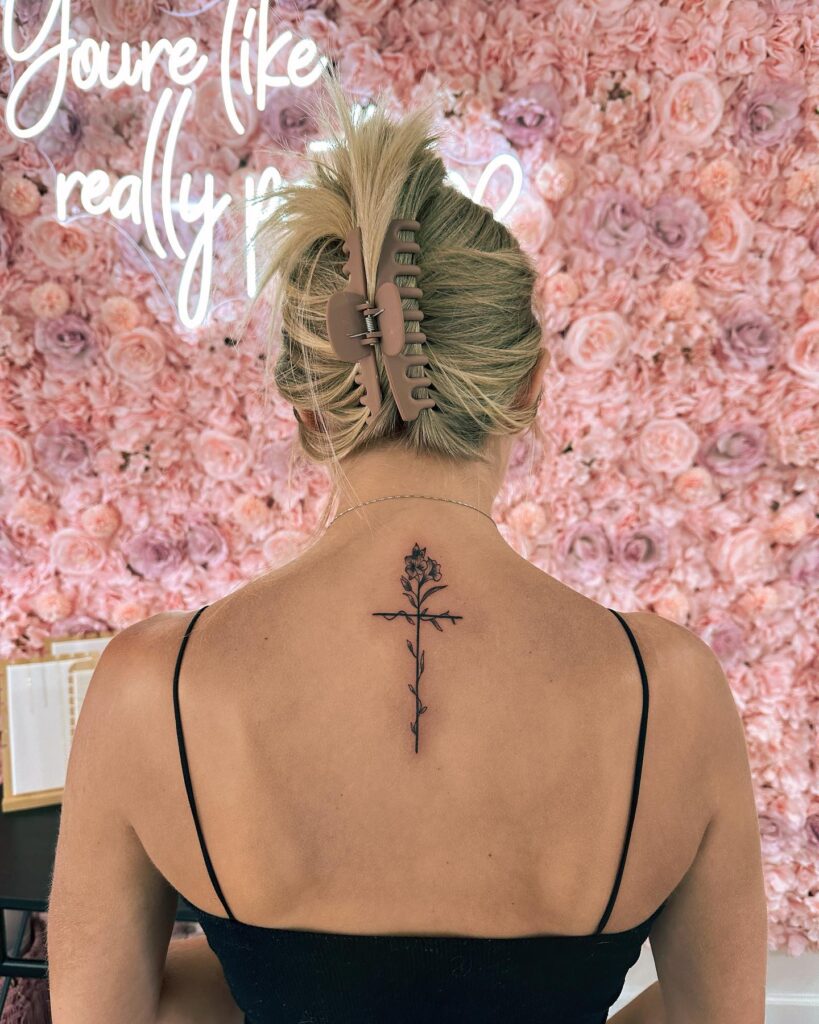 Floral Vine And Butterfly Spine Tattoo
