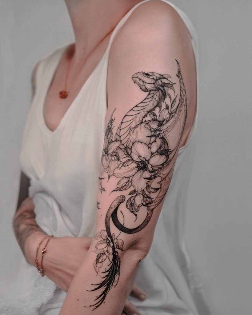 Japanese Dragon Back Tattoo With Red Maple Leaves