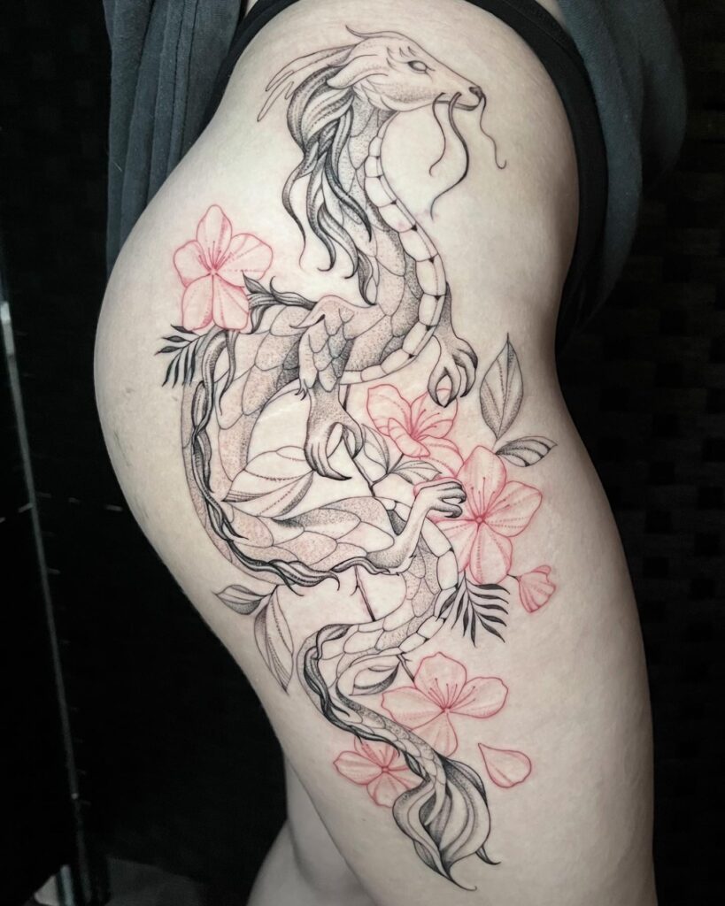 Floral Dragon Thigh Tattoo fine line tattoos for women tattoo